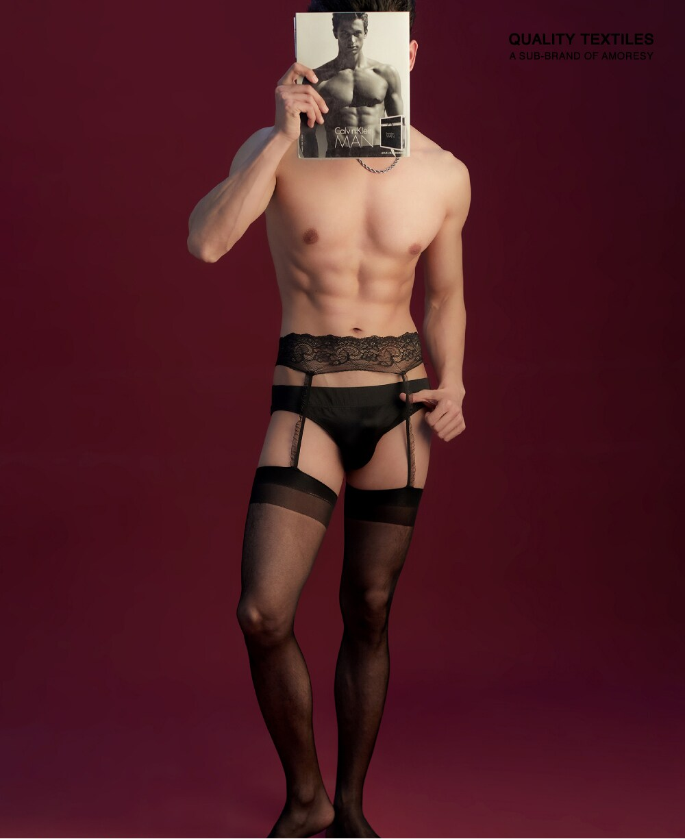 Men's Lace Camisole Long Tube Black High Transparency Thigh Stockings - 图片 9
